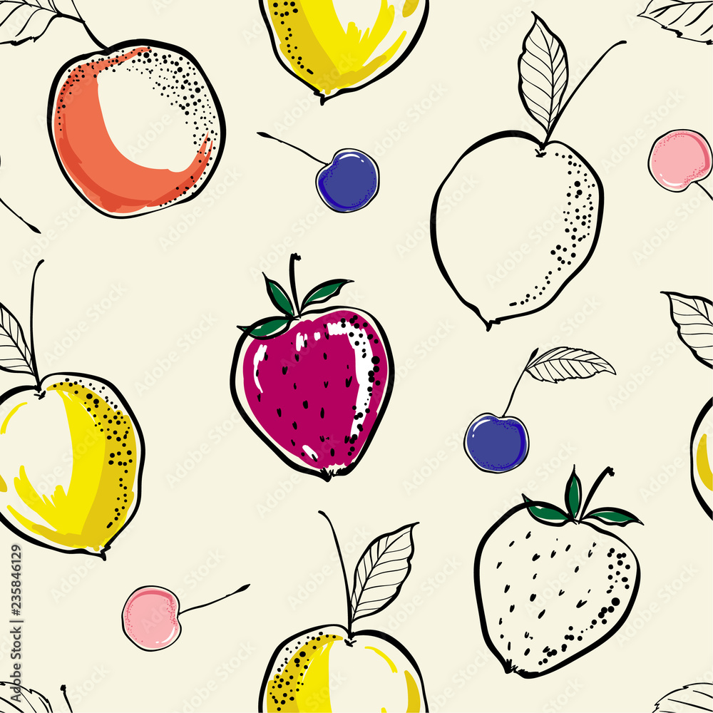 Wall mural Trendy hand drawing and sketch line summer fruits seammless pattern vector for fashion fabric and all prints