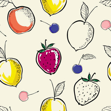 Trendy Hand Drawing And Sketch Line Summer Fruits Seammless Pattern Vector For Fashion Fabric And All Prints