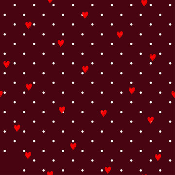 Hand Drawn Valentine Mini Red Hearts Seamless Pattern, Isolated On Maroon Background Mixed With White Polkadots. Good For Wallpaper, Wrapping Paper, Invitation Cards.