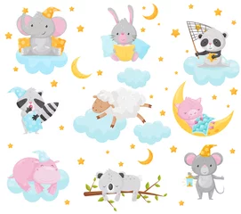 Meubelstickers Wolken Schattige kleine dieren slapen onder een sterrenhemel set, mooie olifant, konijn, panda, wasbeer, schapen, Knorretje, nijlpaard slapen op wolken, welterusten ontwerpelement, zoete dromen vector illustratie