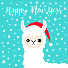 Happy New Year. Llama alpaca baby face. Santa hat. Merry Christmas. Snow flake falling. Cute cartoon funny kawaii character. T-shirt, greeting card, poster print. Flat design. Blue background.