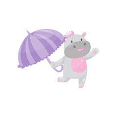 Cute adorable hippo walking with umbrella, lovely behemoth animal cartoon character vector Illustration