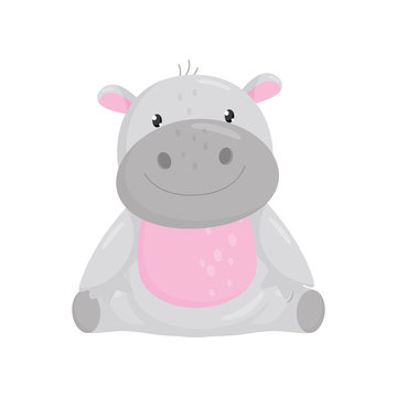 Cute adorable hippo sitting on the floor, lovely behemoth animal cartoon character vector Illustration