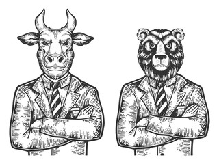 Bull and Bear head stock exchange worker businessmean engraving vector illustration. Scratch board style imitation. Black and white hand drawn image.