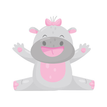 Cute adorable smiling hippo with a pink bow, lovely behemoth animal cartoon character vector Illustration