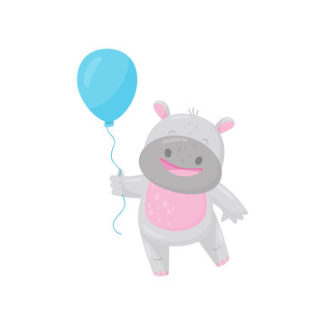 Cute smiling hippo with a blue balloon, lovely behemoth animal cartoon character vector Illustration