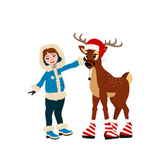 Cute little girl  with a deer.  Vector illustration can use for Christmas greeting card, invitation, T-shirt, interior design.