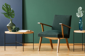 Wooden armchair between tables with leaves in green and blue living room interior. Real photo