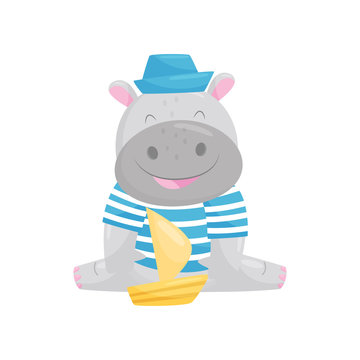 Cute hippo sailor playing with toy ship, lovely behemoth animal cartoon character vector Illustration on a white background