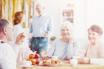 Happy senior people enjoying their meeting, talking and sharing memories while drinking tea at nursing home