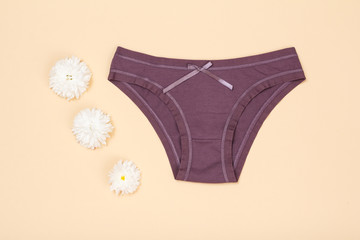 Beautiful women's cotton panties on beige background.