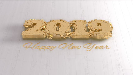 Happy new year 2019 isolated numbers lettering written by gold on white background. 3d illustration