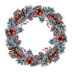 Fototapeta na wymiar Round Christmas Wreath with Watercolor Branches and Berries