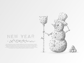 Origami Snowman. Polygonal space low poly with connecting dots and lines. Winter holiday snowman with a broom wireframe concept. Connection structure. Vector on white background