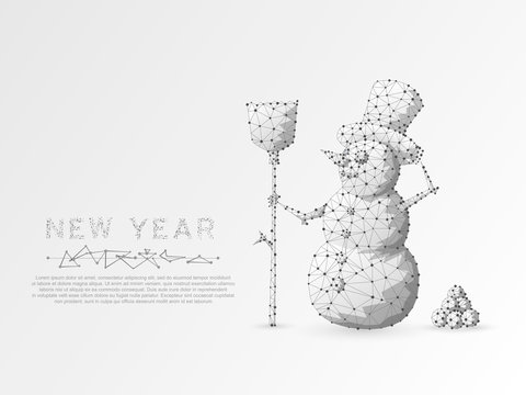 Origami Snowman. Polygonal space low poly with connecting dots and lines. Winter holiday snowman with a broom wireframe concept. Connection structure. Vector on white background