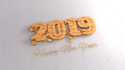 Happy new year 2019 isolated numbers lettering written by wood on white background. 3d illustration