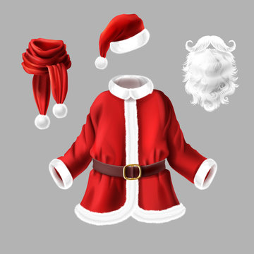 Vector set with Santa Claus costume for fancy dress party isolated on gray background. Traditional Christmas clothes and accessories for masquerade, red coat with belt, scarf and hat, white fur beard