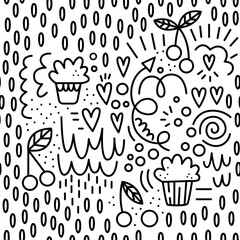 Valentine's day. Vector seamless pattern in Doodle style. Cakes and berries