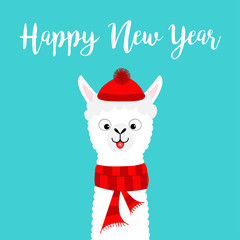 Happy New Year. Llama alpaca baby face neck. Santa Claus red hat, scarf. Cute cartoon funny kawaii character. Merry Christmas. Greeting card print. Flat design. Blue background. © worldofvector