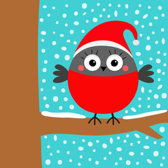 Bullfinch winter red feather bird sitting on tree branch. Santa hat. Candy cane. Cute cartoon baby character. Merry Christmas. Greeting card. Flat design. Blue snow flake background.