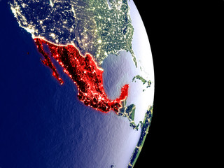 Satellite view of Mexico at night with visible bright city lights. Extremely fine detail of the plastic planet surface.