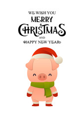 Cute Pig cartoon character in Santa hat happy Christmas and New year