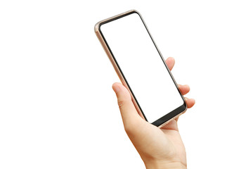 スマホを持つ女性の片手と白背景