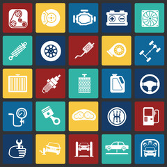 Car parts and repair icon set on color squares background for graphic and web design, Modern simple vector sign. Internet concept. Trendy symbol for website design web button or mobile app.
