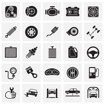 Car parts and repair icon set on squares background for graphic and web design, Modern simple vector sign. Internet concept. Trendy symbol for website design web button or mobile app.
