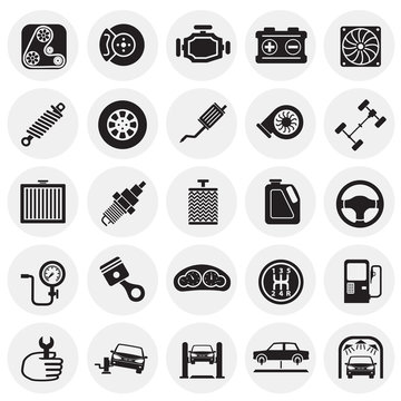 Car parts and repair icon set on circles background for graphic and web design, Modern simple vector sign. Internet concept. Trendy symbol for website design web button or mobile app.
