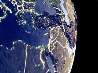 Satellite view of Lebanon at night with visible bright city lights. Extremely fine detail of the plastic planet surface.