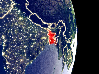Satellite view of Bangladesh at night with visible bright city lights. Extremely fine detail of the plastic planet surface.
