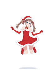 Joyful anime manga girl as Santa Claus in a jump