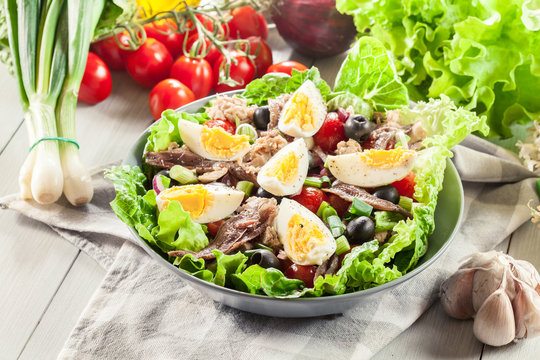 Nicoise Salad with tuna, anchovy, eggs and tomatoes