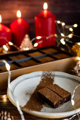 Fototapeta na wymiar Christmas and winter holidays Chocolate Set with Christmas decorations.
