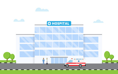 Hospital building and doctor and ambulance car
