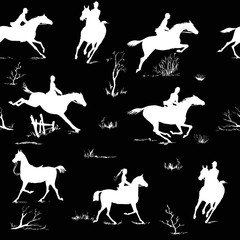 Equestrian horse riding style silhouette seamless pattern. Black and white english fox hunting style. Horseback man and woman galloping on field. England tradition hand drawing vector silk scarf art.