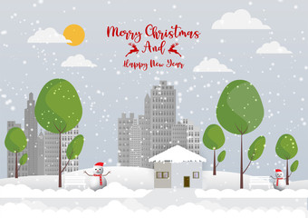 Winter season with snowflake and Snowman in town. Vector illustration of Merry Christmas