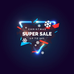 Christmas sale banner. Original poster for discount. Geometric shapes and neon glow against a dark background.