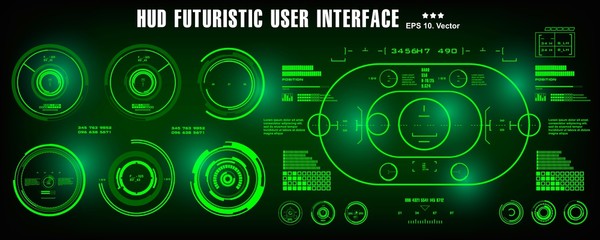 HUD futuristic green user interface, dashboard display virtual reality technology screen, target