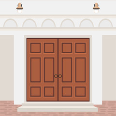 House door front with  steps and lamps, building entry facade, exterior entrance design illustration vector in flat style