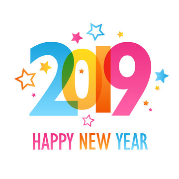 HAPPY NEW YEAR 2019 colorful letters banner with star motifs
