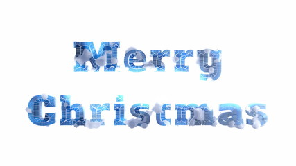 Merry Christmas lettering written by frozen cracked ice covered by snow isolated on white background. 3d illustration