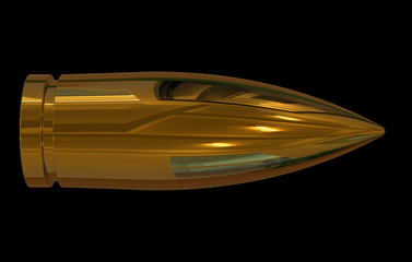 Golden bullet on black background. 3D illustration of metal bullet