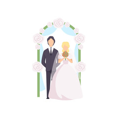Bride and groom standing near the wedding arch at ceremony vector Illustration on a white background