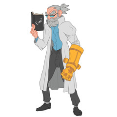 Old scientist with mechanical arm reading a book