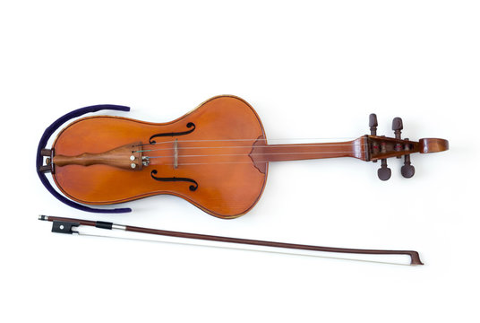 Kazakh national string instrument kobyz with bow isolated on white background, top view