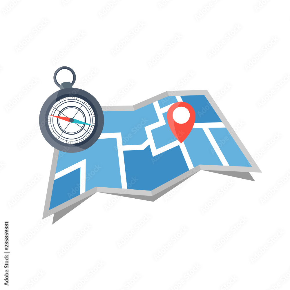 Poster maps navigation with red and blue color point markers and compass design background, vector illustration