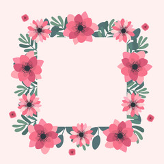 Floral greeting card and invitation template for wedding or birthday anniversary, Vector square shape of text box label and frame, Pink flowers wreath ivy style with branch and leaves.