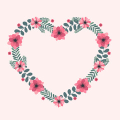 Floral greeting card and invitation template for wedding or birthday anniversary, Vector heart shape of text box label and frame, Pink flowers wreath ivy style with branch and leaves.